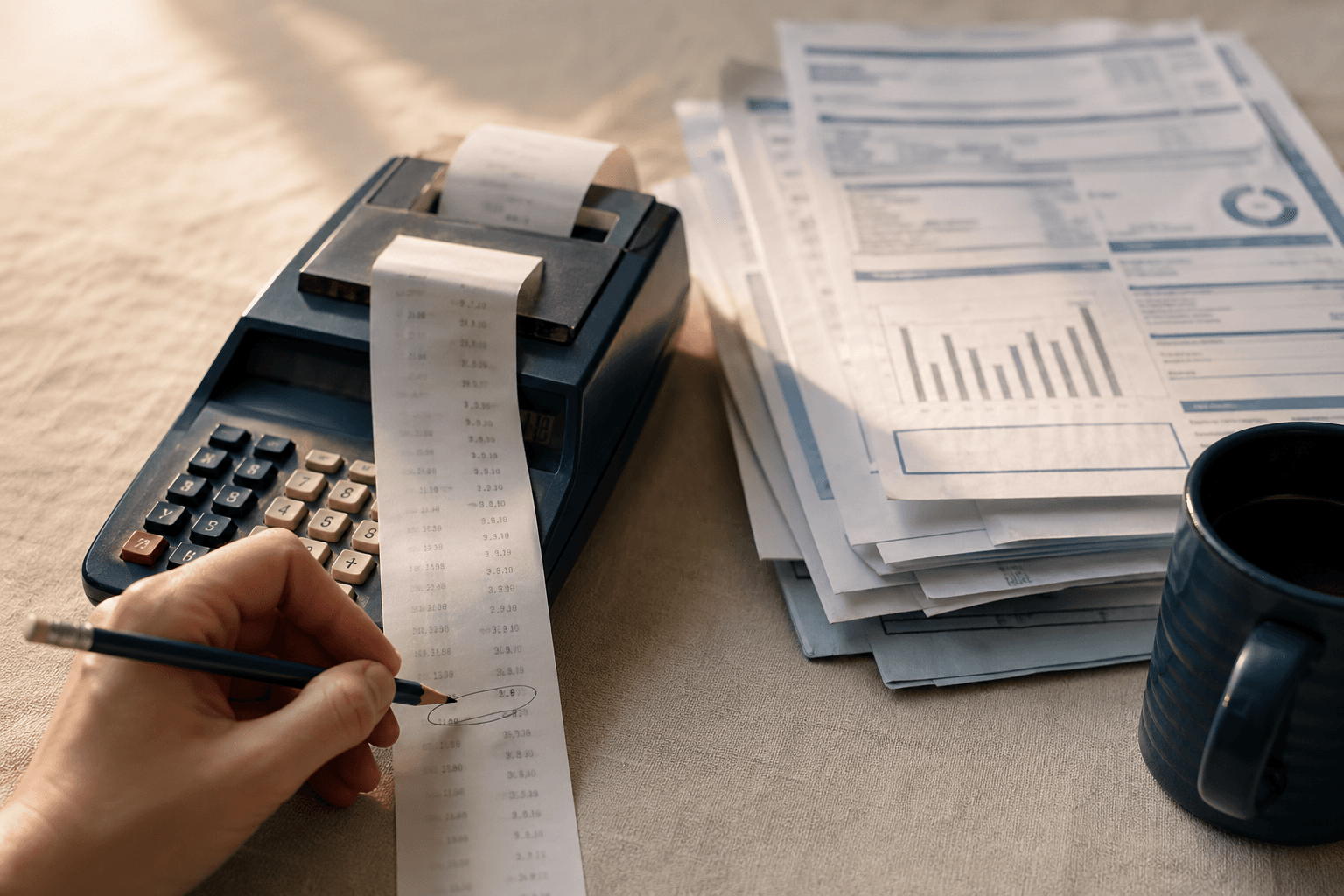 Side-by-side flat lay: a vintage calculator with utility bills next to a 67c-per-hour stamped receipt and a sticky note