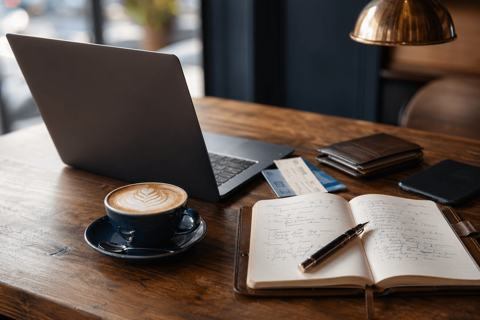 Consultant flat lay with leather notebook, fountain pen, laptop sleeve, train ticket, coworking pass, coffee and expense receipts