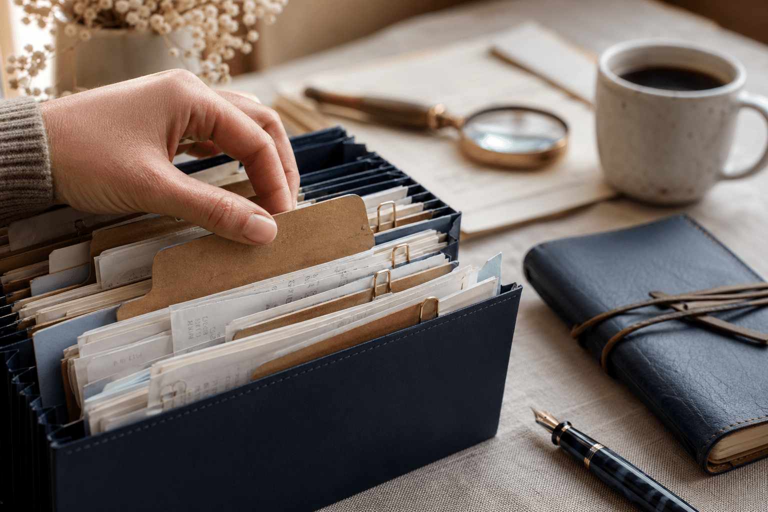 Audit-ready records flat lay: navy accordion file, categorised receipt stacks with kraft tags, magnifying glass, ledger and stamp