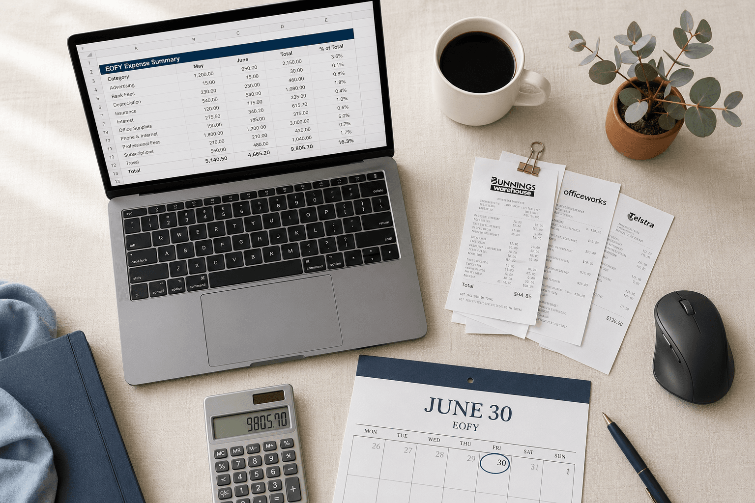 Home office desk flat lay with laptop, receipts, EOFY calendar, calculator, and a small native plant